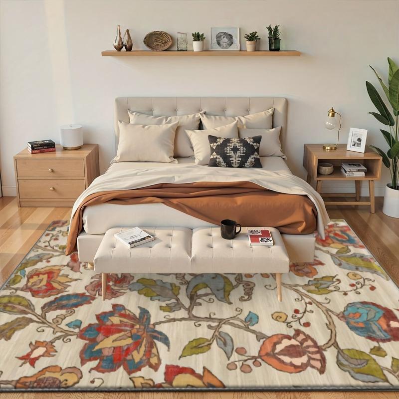 Traditional Floral Area Rug Soft Polyester, Machine Washable Easy Clean, for Living Room, Bedroom, Office, Cafe, Floor Decor