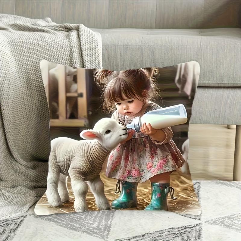 2D Flat- Rustic Farm Nursery Decor Pillow Cover Cute Little Girl Feeding Baby Lamb Throw Pillow Case for Home Sofa Bedroom