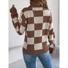 Women Casual High Neck Color Block Plaid Lantern Long Sleeve Pullover Sweater