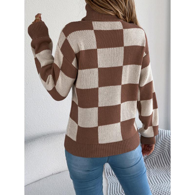 Women Casual High Neck Color Block Plaid Lantern Long Sleeve Pullover Sweater
