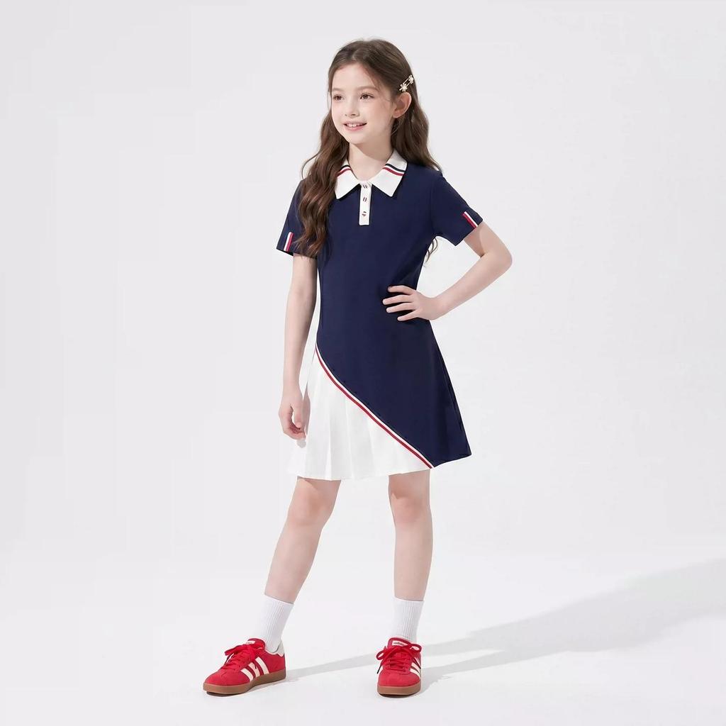 Girls' Korean Style Polo Collar Patchwork Pleated Skirt Dress