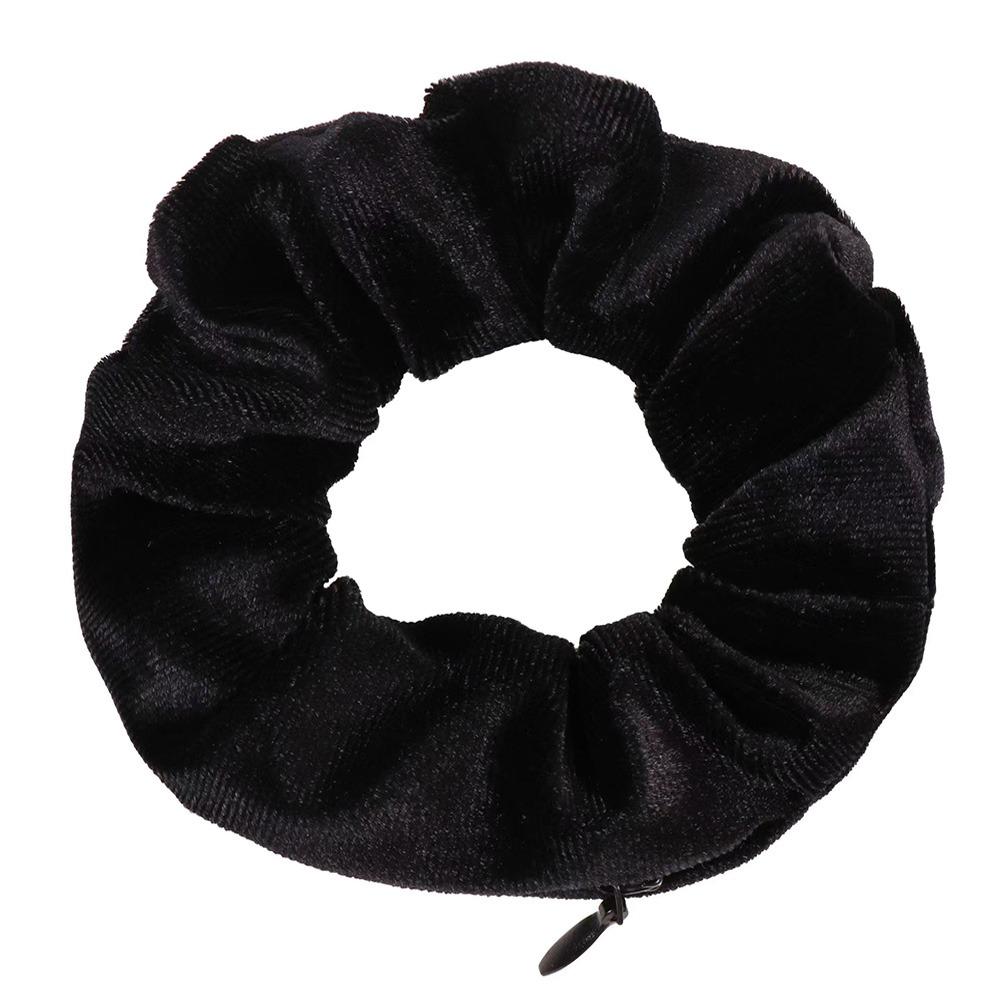Soft Fabric Scrunchie with Hidden Pocket Elastic Hair Band Ponytail Holder  Cash Keys Earphones Black 01