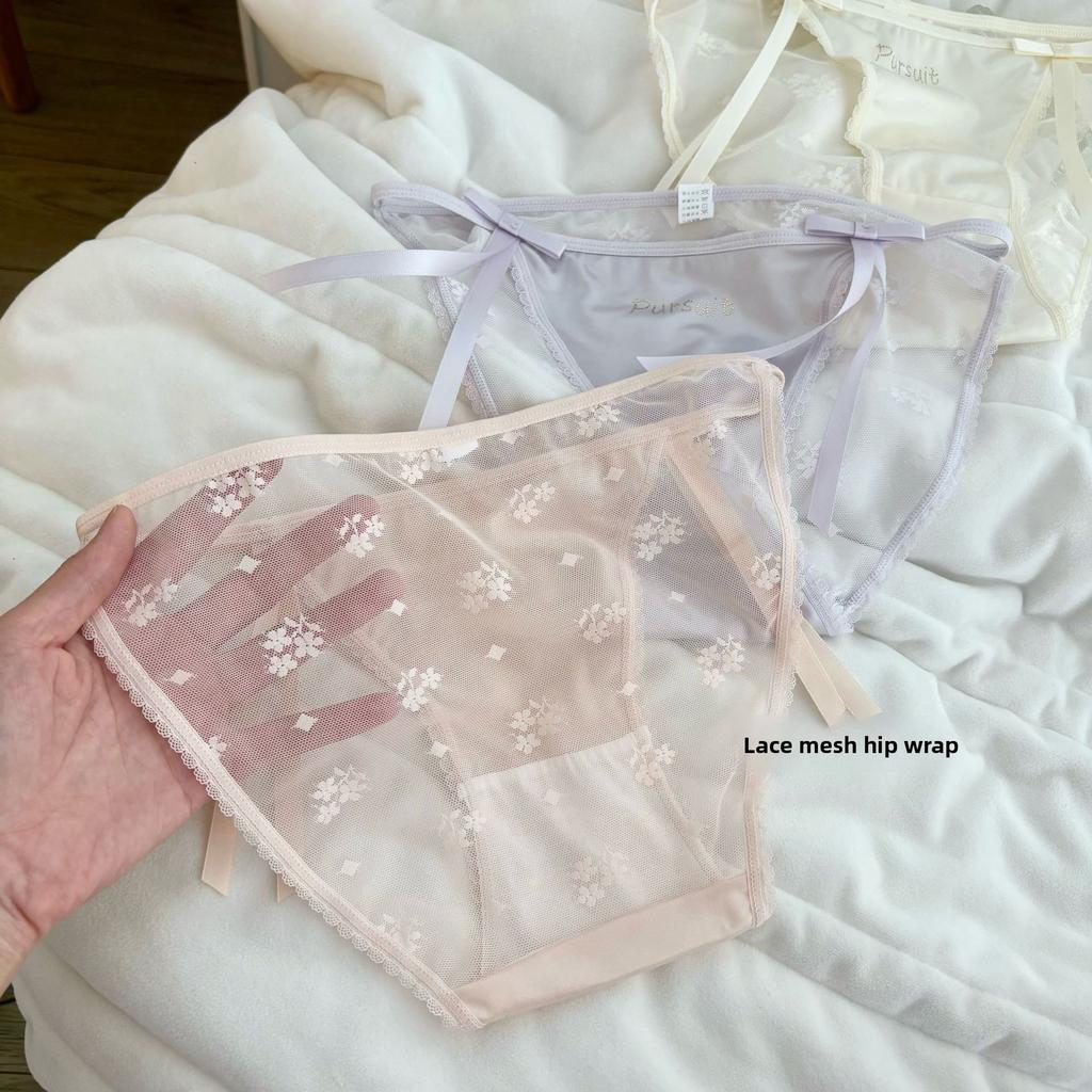 Ladies Spring and Autumn Bow Lace Mesh Cotton Crotch Ice Silk Quick Dry High Split Low Waist Briefs