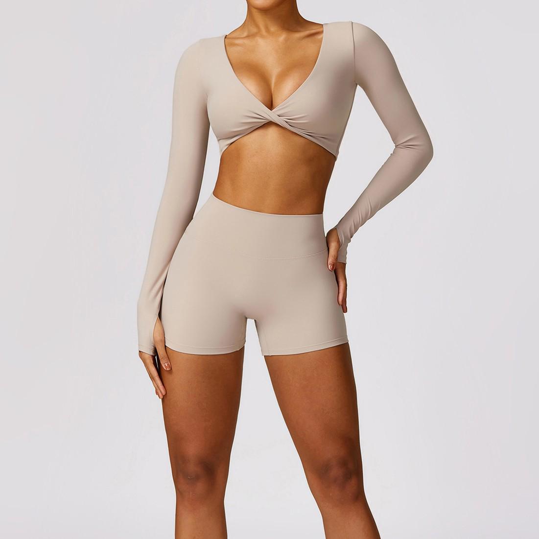 

Women s Long Sleeve V-Neck Yoga Top with Chest Pad for Pilates and Fitness S Лляний