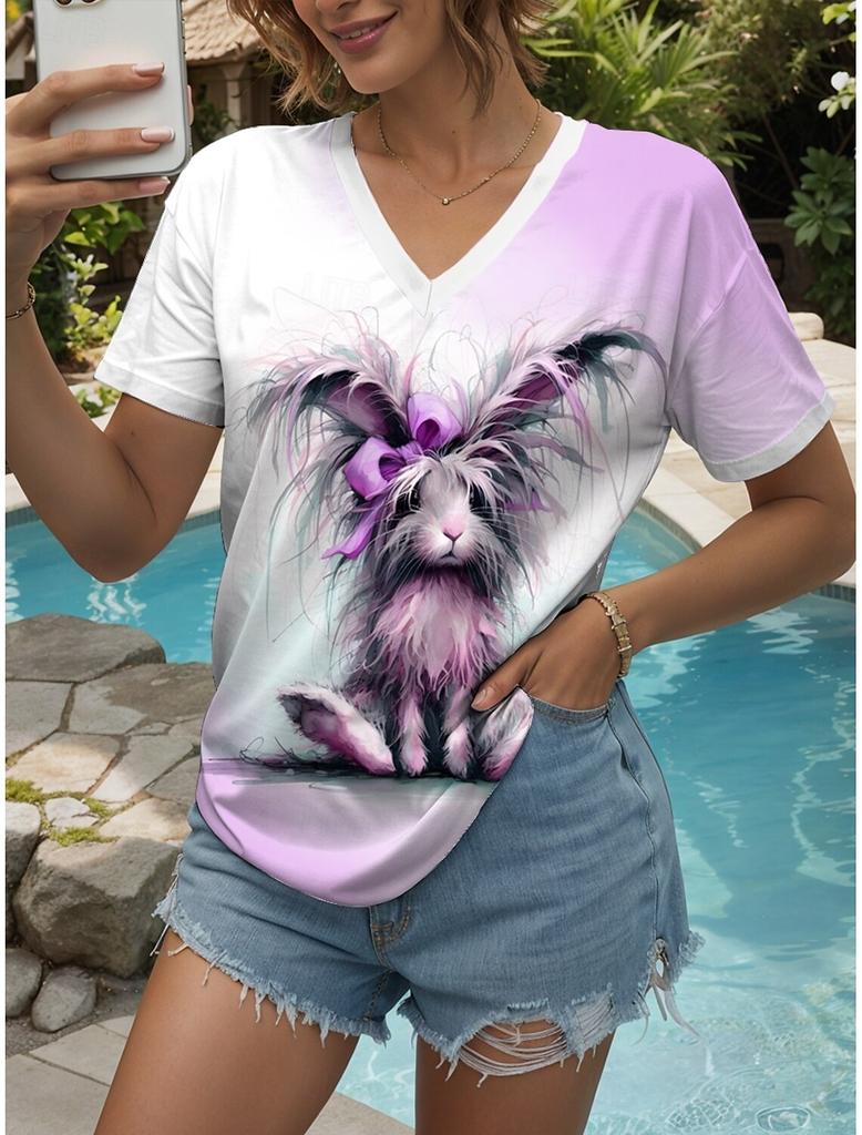 Women's T Shirt Graphic Animal Vintage Stylish Classic Short Sleeve V Neck Regular Tops Daily Print Woman Clothes Tops for Woman