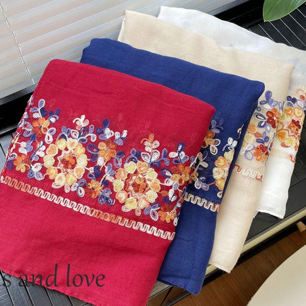 Printing Shawl Large Shawl Cotton Linen Embroidery Flower Scarf Large Ethnic Style Scarf  Student
