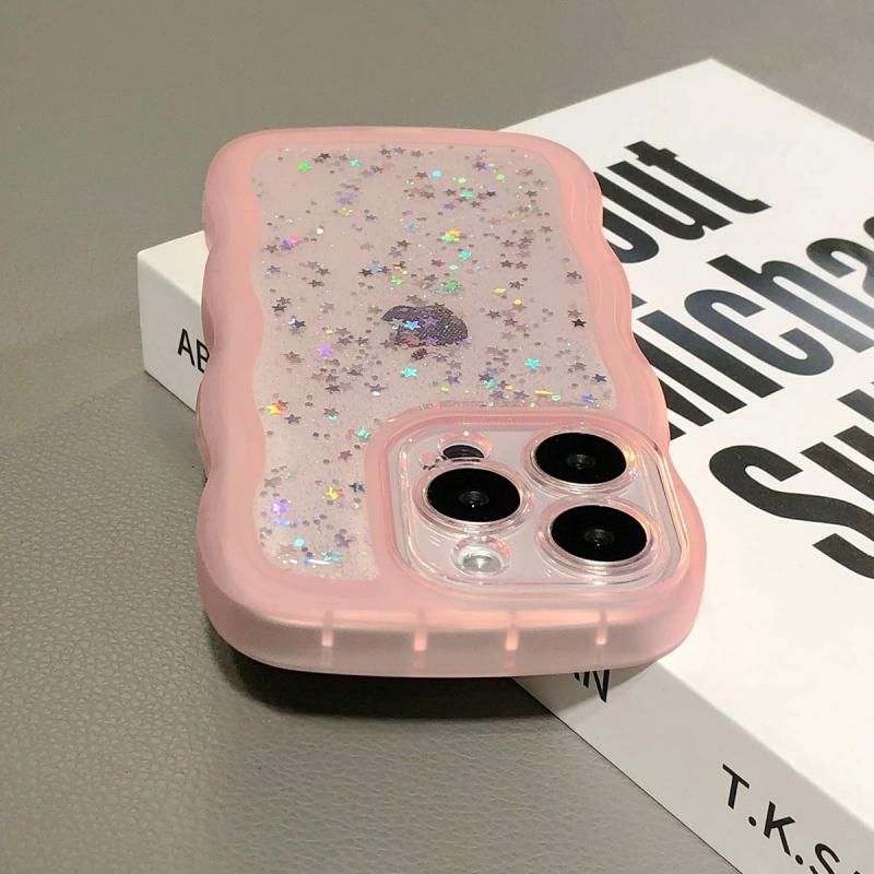 

Glitter Clear Drip Glue Star Curly Wave Case For iPhone 17 Air 16e 15 14 13 Mini 12 Pro Max Plus Silicone Shockproof Soft Cover iPhone 11 рожевий