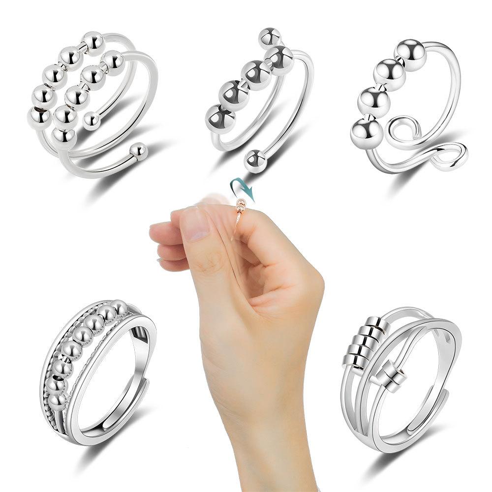 6 Pcs Women Anxiety Relief Rings Anti Stress Spinner Ring With Beads Calming Fidget Jewelry For Emotional Regulation