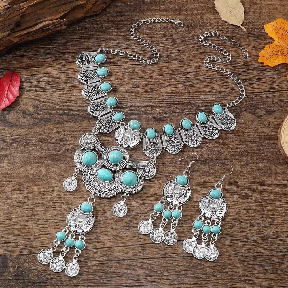 Western Jewelry Set Ethnic Vintage Imitation Turquoise Coin Tassel Necklace Earrings for Women Party Accessories