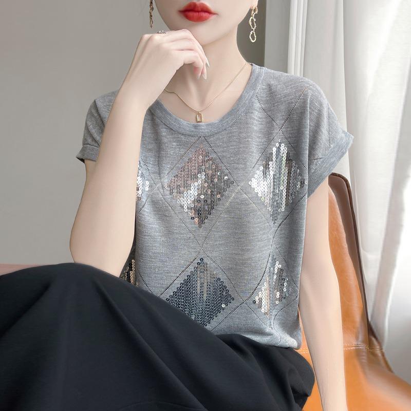 Summer New Round Neck Sequined Knitted Short-sleeved T-shirt Thin Ice Silk Shirt Top for Women