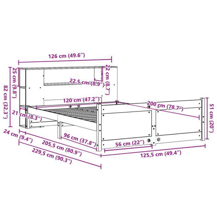 VidaXL Lit bibliothèque sans matelas 120x200 cm bois de pin massif, lit, meuble de chambre à coucher, lit avec rangement, 3322435