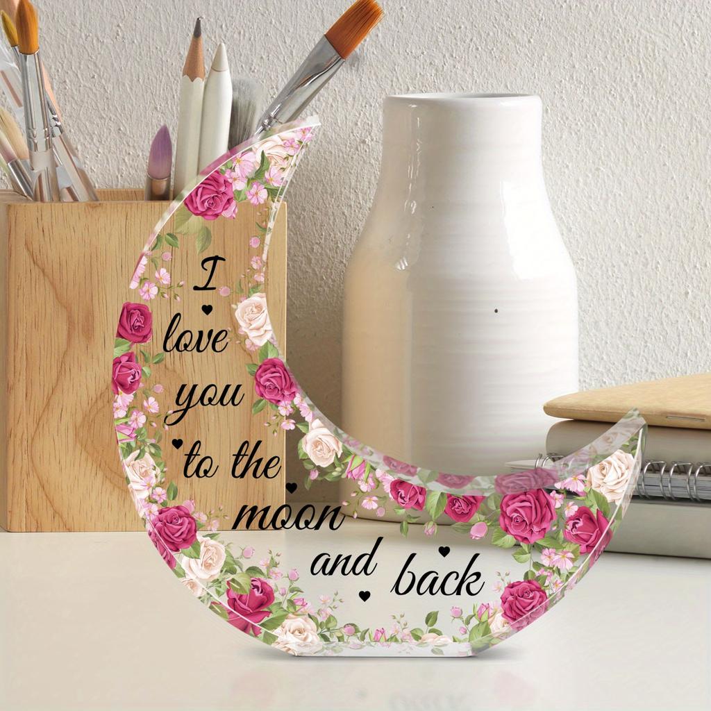 1pc Moon-Shaped Acrylic Decorative Desktop Ornament - 'I Love You To The Moon and Back' Engraving, Red and Pink Rose Pattern with Heart Accents 