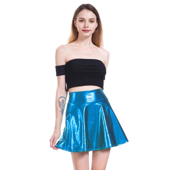 Women Mini Skirt High Waist Glossy Surface A-Line Hem Short Skirt Shiny Stage Show Skater Skirt Party Wear
