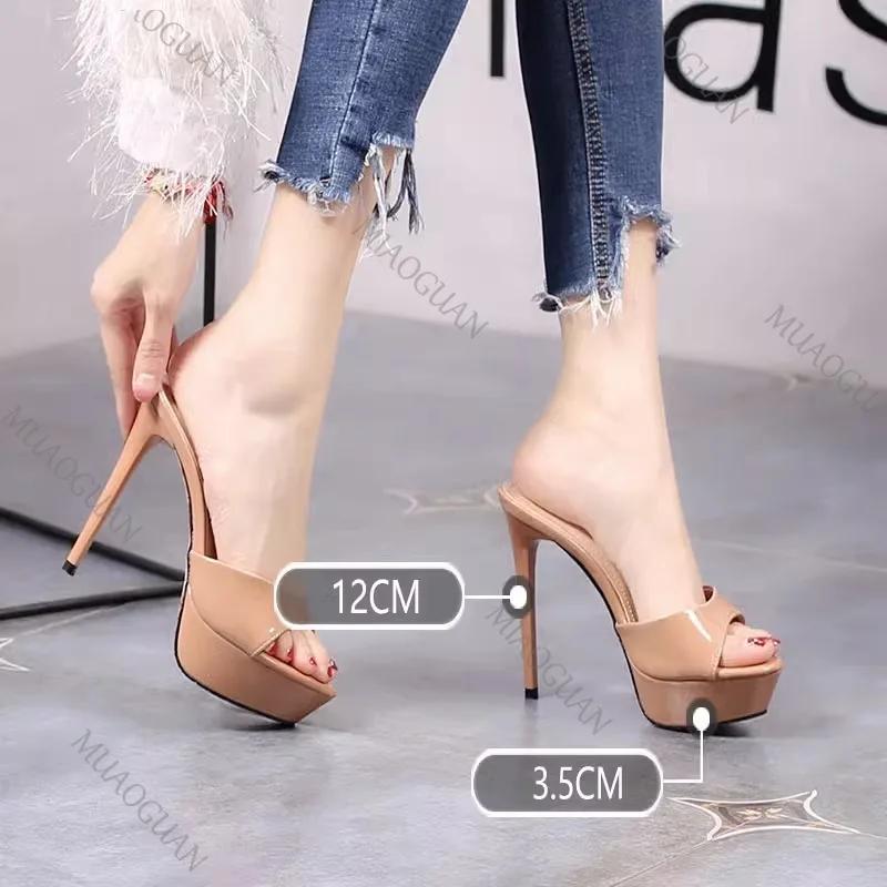 Fashion Women 12CM High Heels Outdoor Shallow Mouth Sandals 2025 New Summer Thick Platform Slippers Simple Style Slide Shoes For Woman
