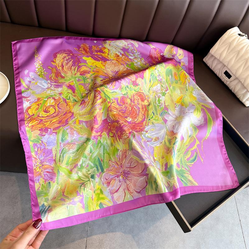 70cm Luxury Square Silk Scarf for Women Silk Feel Flower Print Design Headscarf Fashion Lady Headband Bandana and Bag Tie Ribbon