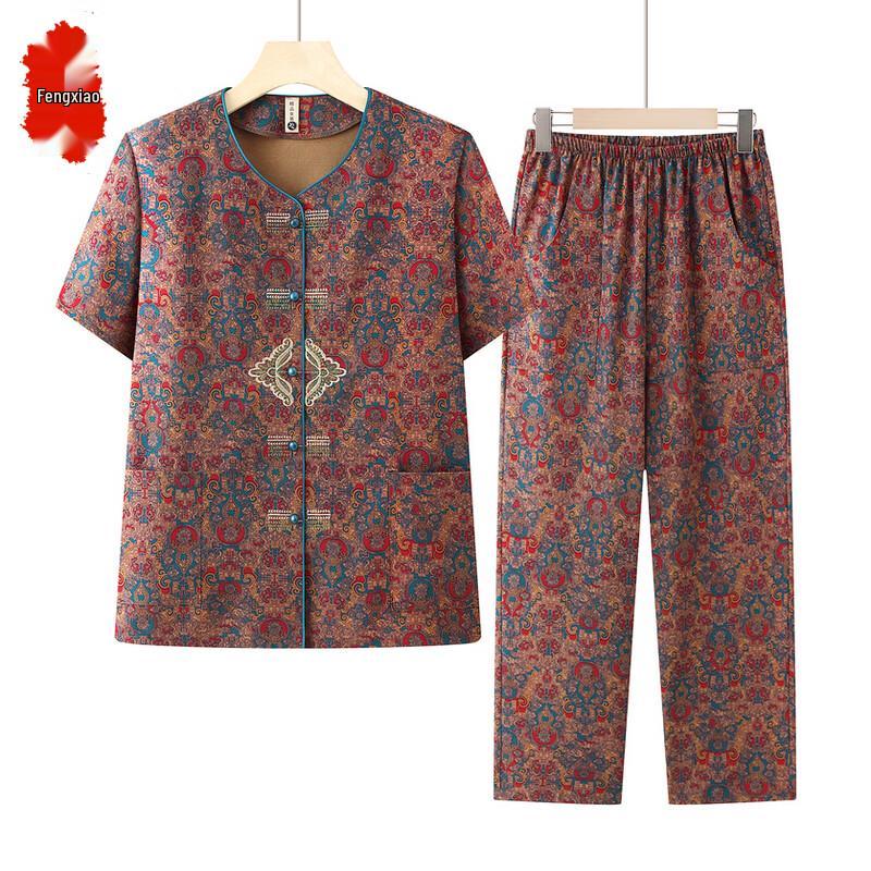 Elderly Women s Embroidered Summer Short Sleeve Top Set 5XL