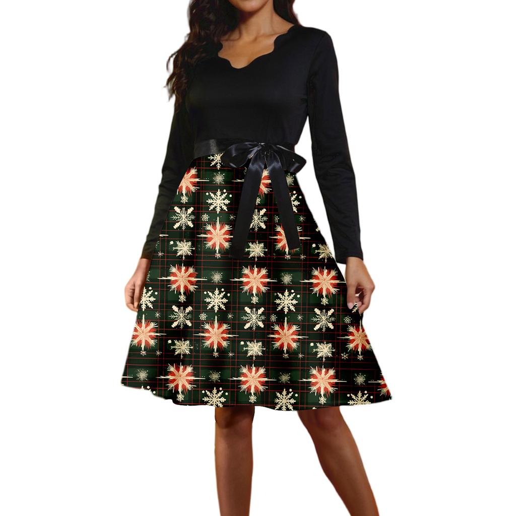 Damen Casual Mode V-Ausschnitt Langarm Retro Weihnachtsprint Retro Kleid