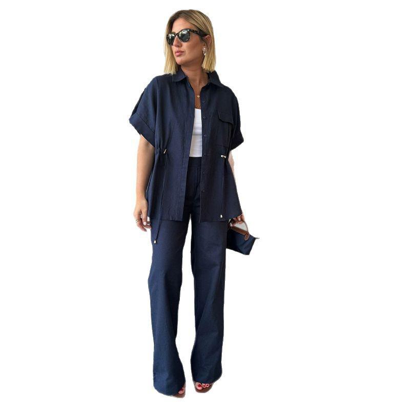 Set de damă cu șort cu șnur și mânecă scurtă, culoare uni, pantaloni lungi, cu trei culori la alegere, cu talie marcată, stil casual, vară, set nou pentru femei