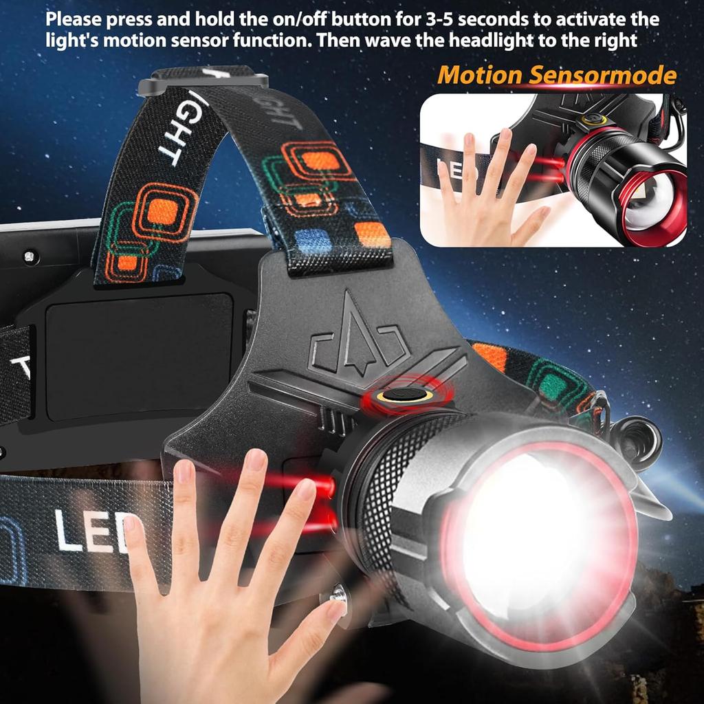 Headlamp Rechargeable, 900000High LM Super Bright with 5 Modes, Motion Sensor Head Lamp Batteries Included, Waterproof Headlamps for Camping Hunting