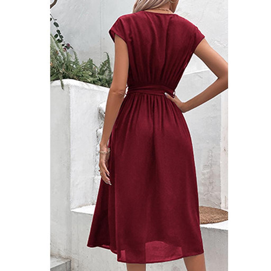 Women's Loose Casual V-Neck Belt Solid Color Dress Fashionable Dress Fashionable Dress