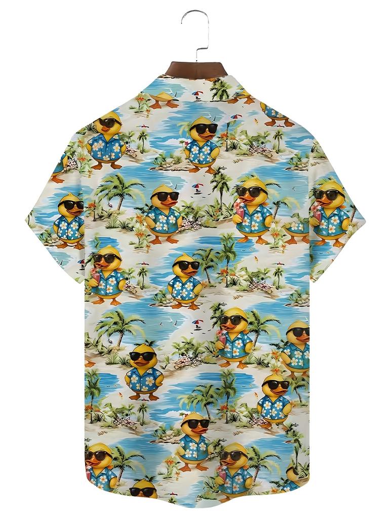 Men'S Stylish Short-Sleeve Shirt Featuring a Cute Yellow Duck Vacation Theme, Adorned with Playful Duck Prints And Beach Palm Trees. A Trendy New