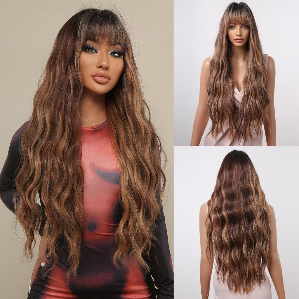 Wigs, Qi Bangs Big Waves Long Curly Hair Gradual Change Brown High Temperature Silk Chemical Fiber Wig Headgear