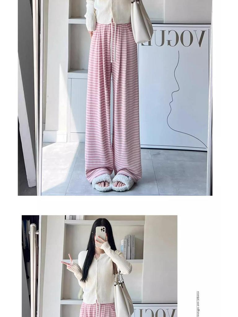 Women's High-Waisted Striped Drawstring Pants, Petite Size, Soft Wide-Leg, Perfect for Spring and Autumn