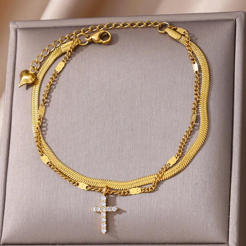 New Double-layer Cross Snake Bone Chain Anklet Women's Personality Fashion Temperament Beach Foot Decoration Titanium Steel Anklet
