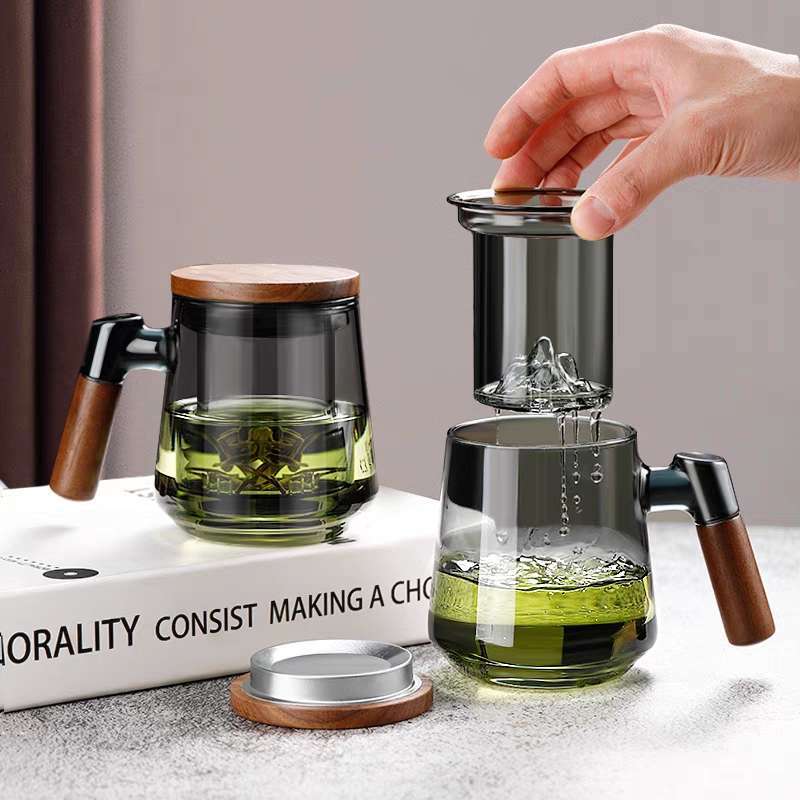 High Borosilicate Transparent Glass Household Large Capacity Three Piece Cup Tea Water Separation Tea Cup with Guanshan Men's Green Tea Cup