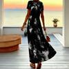 Women Plus Size V Neck Short Sleeve Maxi Dress Black White Tie Dye Stripe Print Loose Long Dress
