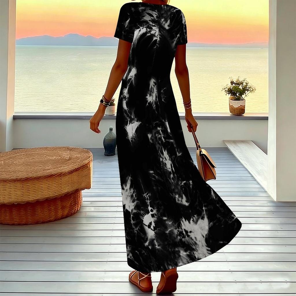 Women Plus Size V Neck Short Sleeve Maxi Dress Black White Tie Dye Stripe Print Loose Long Dress