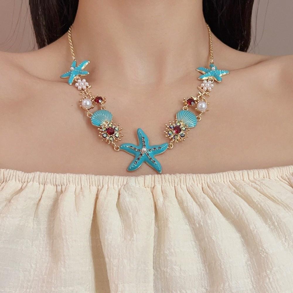 New Starfish Shell Pendant Chain Necklace Shining Retro Temperament Boho Choker Jewelry Bead Pearl Necklace Female Fashion