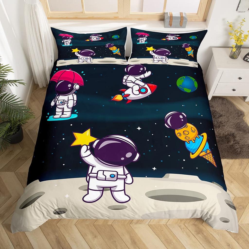 Cartoon Astronaut Duvet Cover Set Moon Clouds Starry Sky Quilt Cover Microfiber Galaxy Bedding Set Twin King For Boys Girls Gift