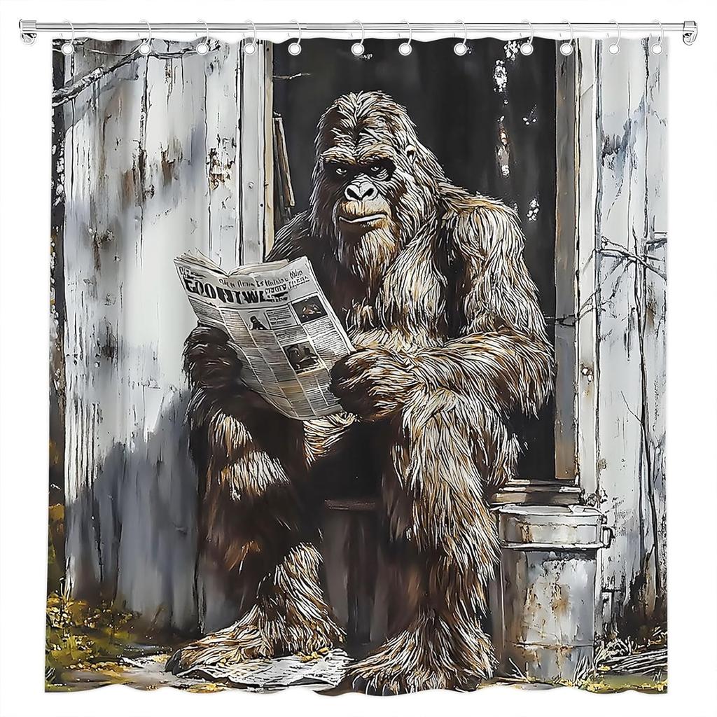 Funny Gorilla Shower Curtain Farmhouse Rustic Hilarious Animal Read Newpaper Vintage Chimpanzee Man Retro Wooden Door Bath