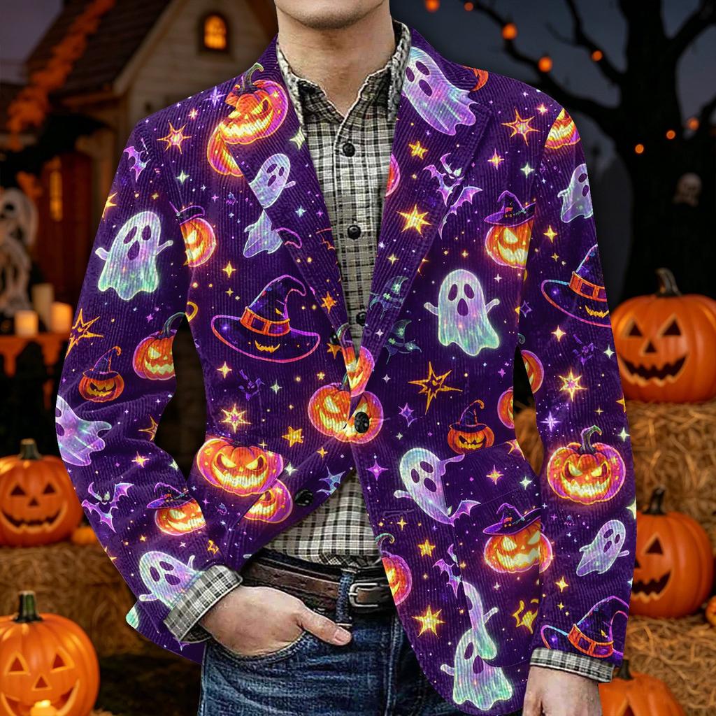 Men's Halloween Print Corduroy Warm Blazer Jacket with Pockets Casual Suit Coat Button Front Long Sleeve Outerwear