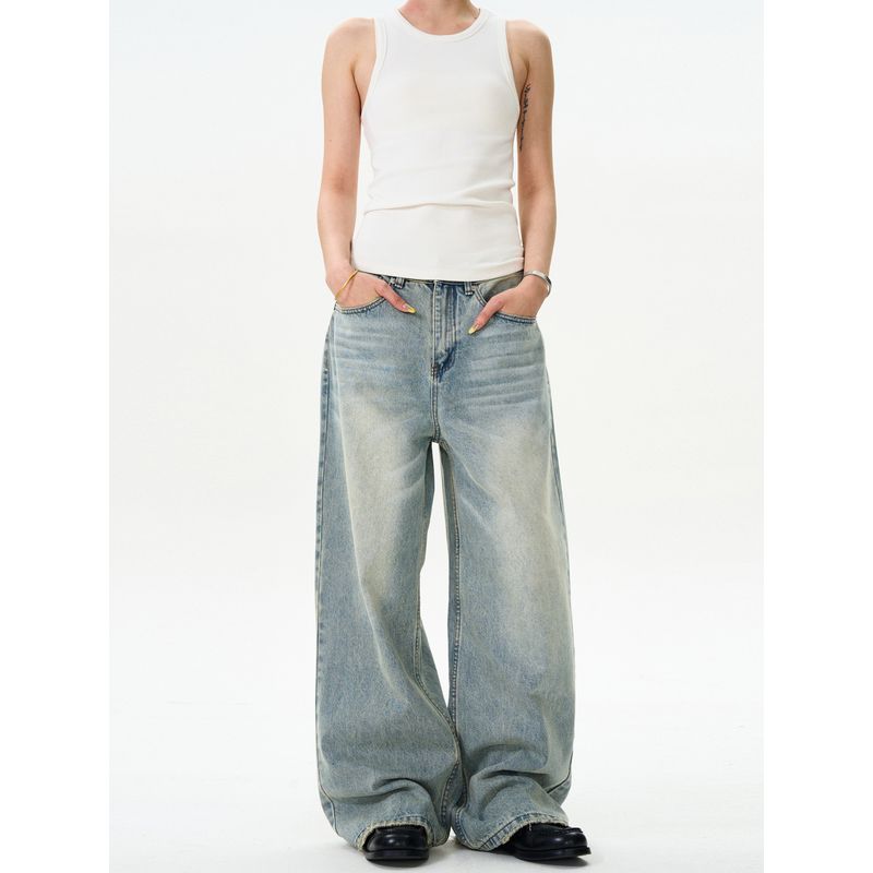Madwitch Classic American Washed Straight-Leg Jeans for Men and Women, Loose Casual Cleanfit Distressed Pants Trendy