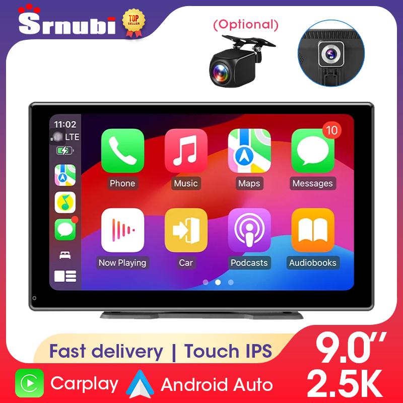 Srnubi 2.5K 9 inch Dash Cam Car DVR Wireless Carplay&Android Auto GPS Navigation Video Recorder Dashboard Dual Lens Wifi FM AUX