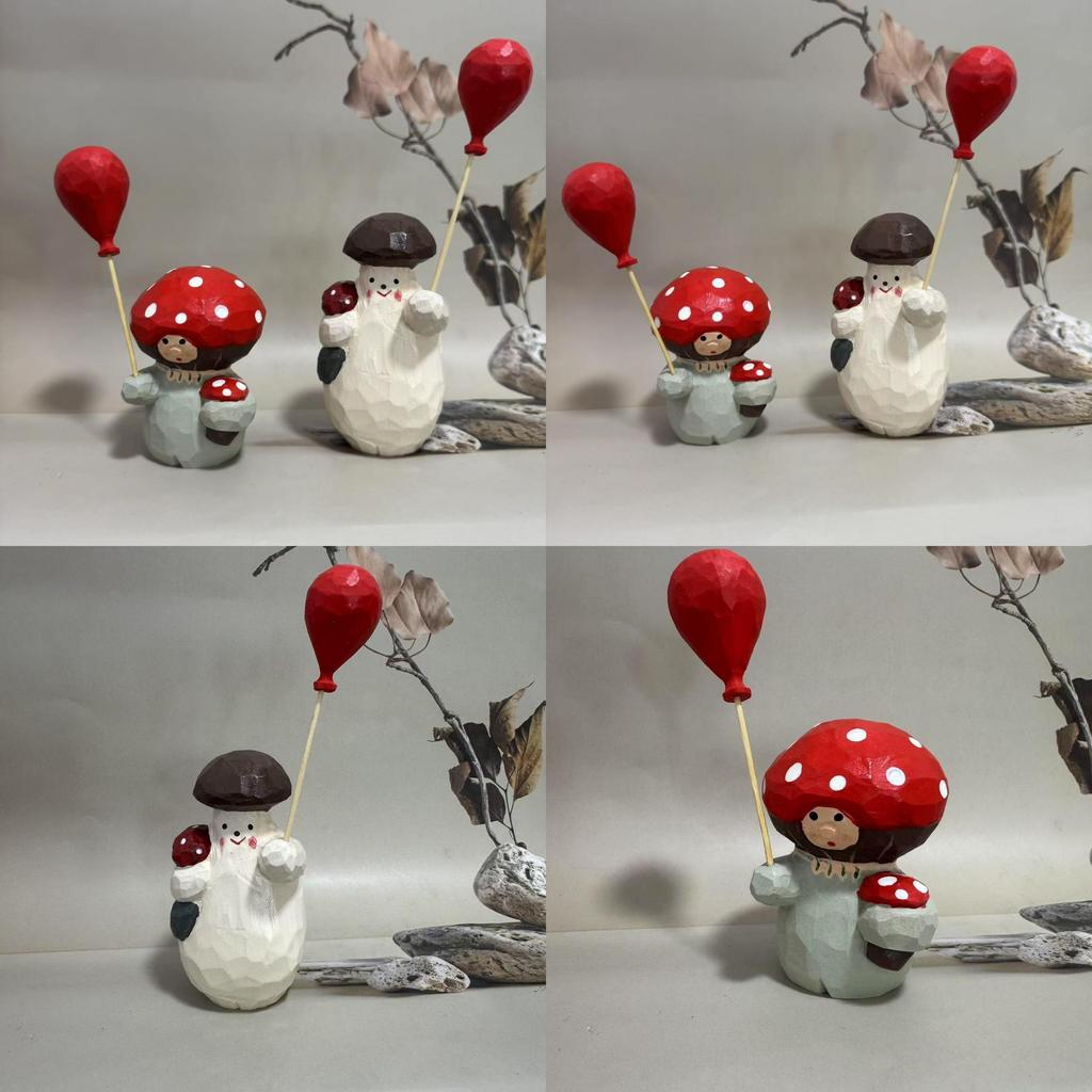 Wooden Mushroom Figurine With Balloons Handmade Home Decor Gift For Friends And Celebrations