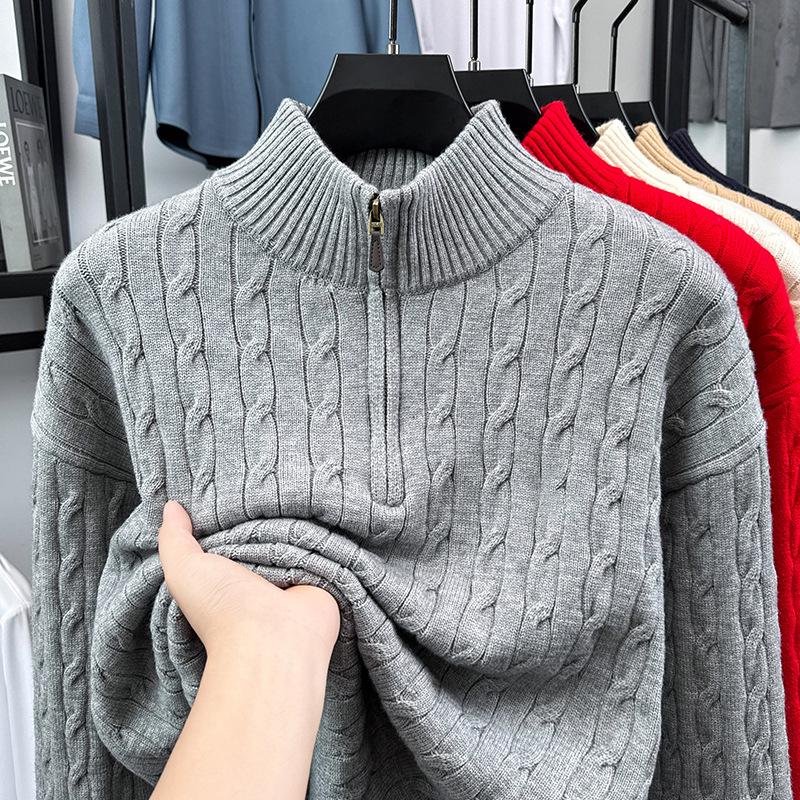 Men's Light Luxury Cable Knit Half-Zip Sweater with Stand Collar - Business Casual Autumn/Winter Outerwear