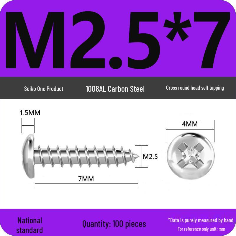 Galvanized Self-Tapping Screws, Round Head, White Zinc, PA Cross Pan, Pointed Tail M1.2-M4
