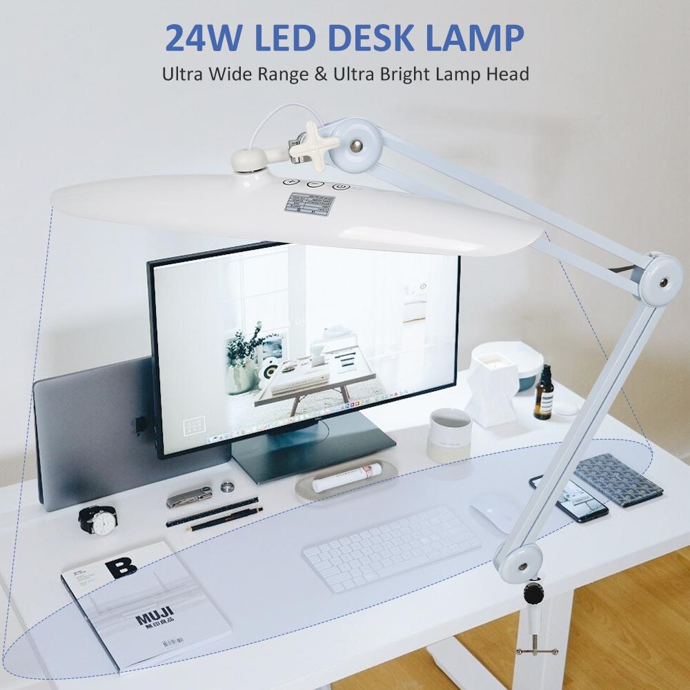 Kelepçeli 1.200 Lümen LED Masa Lambası 24W Parlak Mimari Görev Lambası 20 İnç Dim Edilebilir Bilgisayar Işığı Ayarlanabilir Masa Işığı
