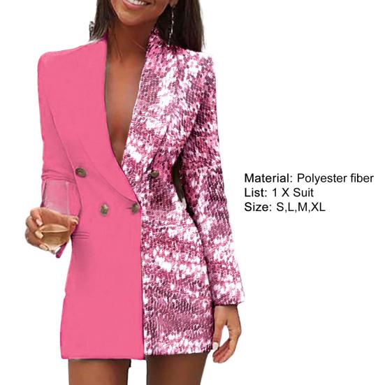 Lapel Long Sleeve Pockets Mid-Length Fashion Blazer Autumn Winter Sequins Contrast Color Stitching