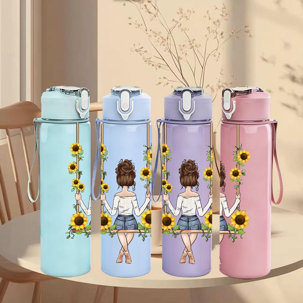1PC Little Girl Swing Daisy Flower Field Art 750ml Color Plastic Sports Water Bottle Leakproof Flip Straw Lid Suitable for Sports Office Home Use