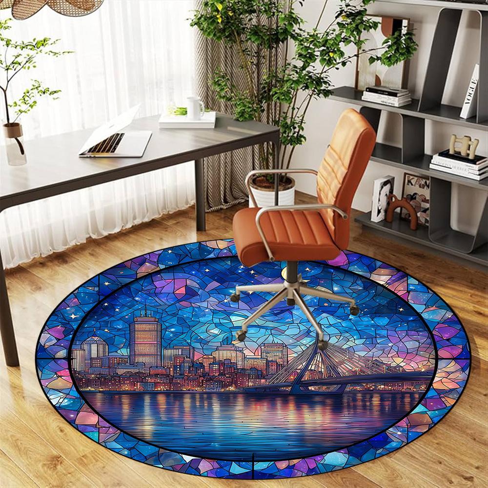 1pc Cityscape Stained Glass Pattern Office Round Rugs, Under Chair Round Rugs for Living Room, Bedroom, Bathroom Decoration Carpet 091813