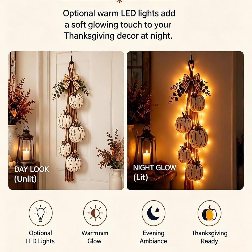 Rustic White Pumpkin Hanging Swag Fall Wall & Door Decor Distressed Wooden Pumpkins with Plaid Bow and Optional Warm LED Lights for Farmhouse Fall