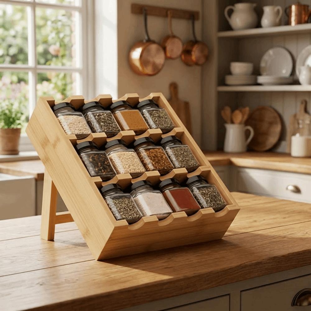 Wooden 12 Grids Spice Rack Space Saving Large Capacity Condiment Storage Shelf with Storage Jars Spice Organizer For Kitchen