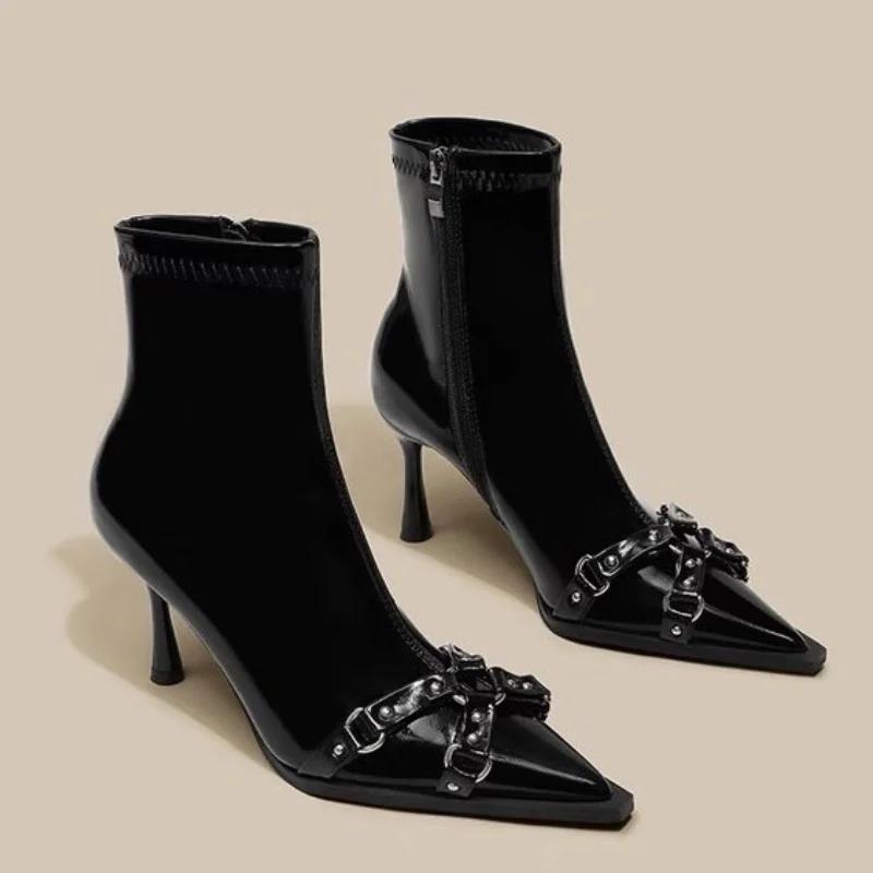 

Fashion Women Punk High Heels Shoes Trend Chelsea Ankle Woman Boots 2025 Winter New Pointed Toe Stilettos Fashion Short Botas Pumps 35 чёрный