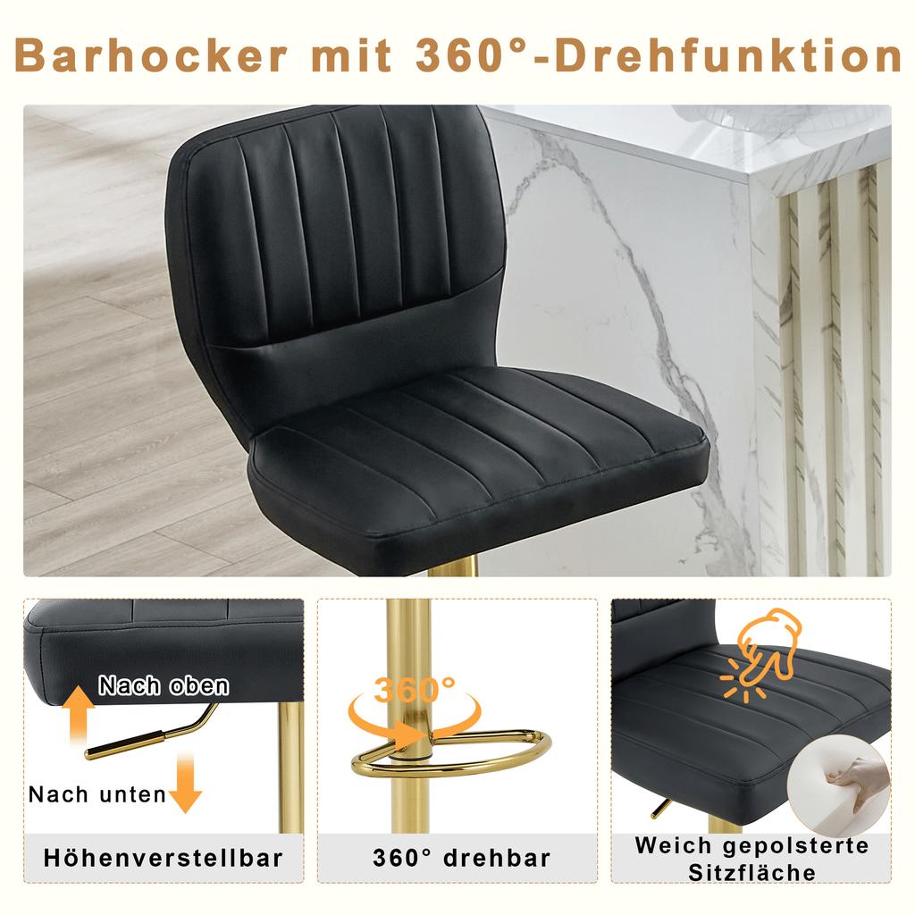 Bar Stool Height-Adjustable 62-83cm, 360 degrees Swivel Chair with Backrest & Footrest, Ergonomic Kitchen, Black Faux Leather, 136kg