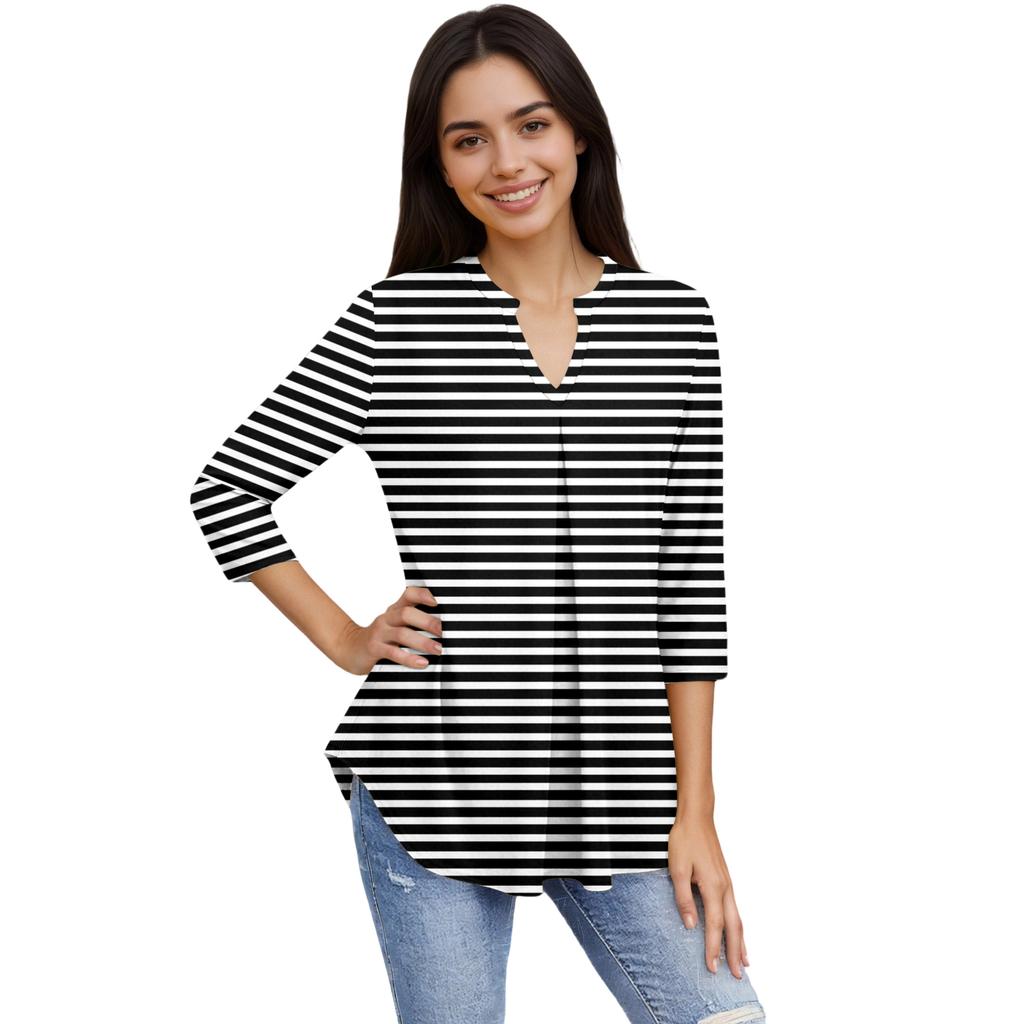 Dámské módní ležérní tričko s tříčtvrtečním rukávem, top s potiskem a výstřihem do V