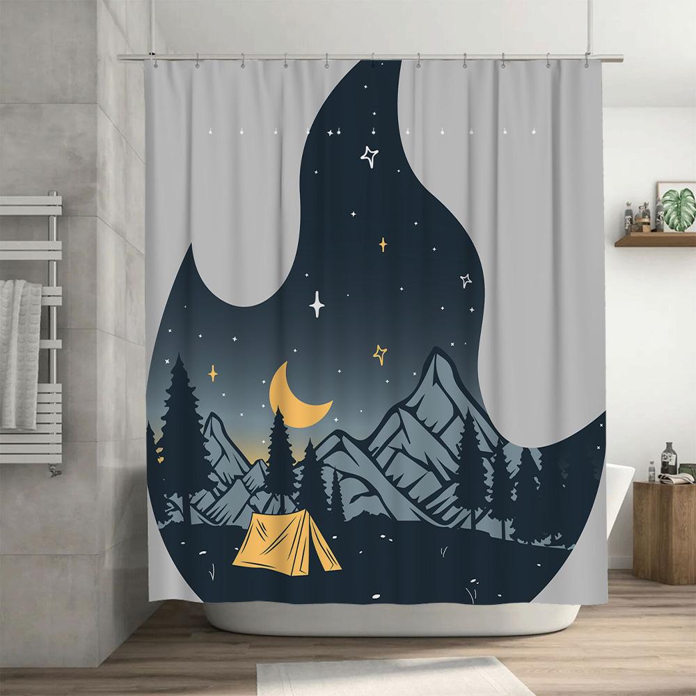 Outdoor Camping Shower Curtain Moon Stars Forest Tents Print Bath Decor Waterproof Fabric Decoration